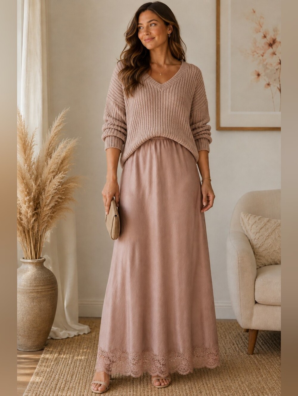 A New Day 1X Satin Lace Hem Midi Slip Skirt Taupe Dusty Rose High Rise NWT